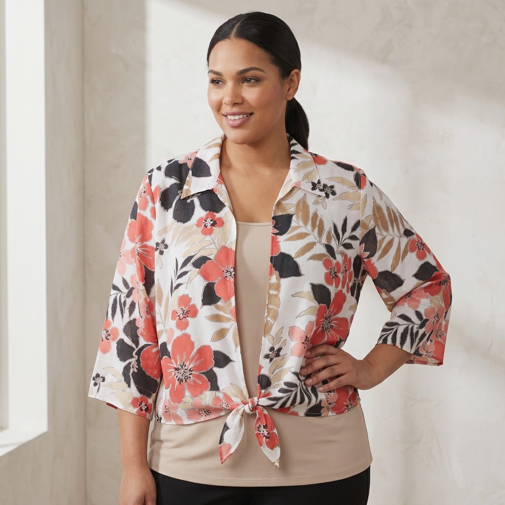 Alfred Dunner Tie Front Floral Sheer Top White Multi Sheer Boho Tropical 1X XL